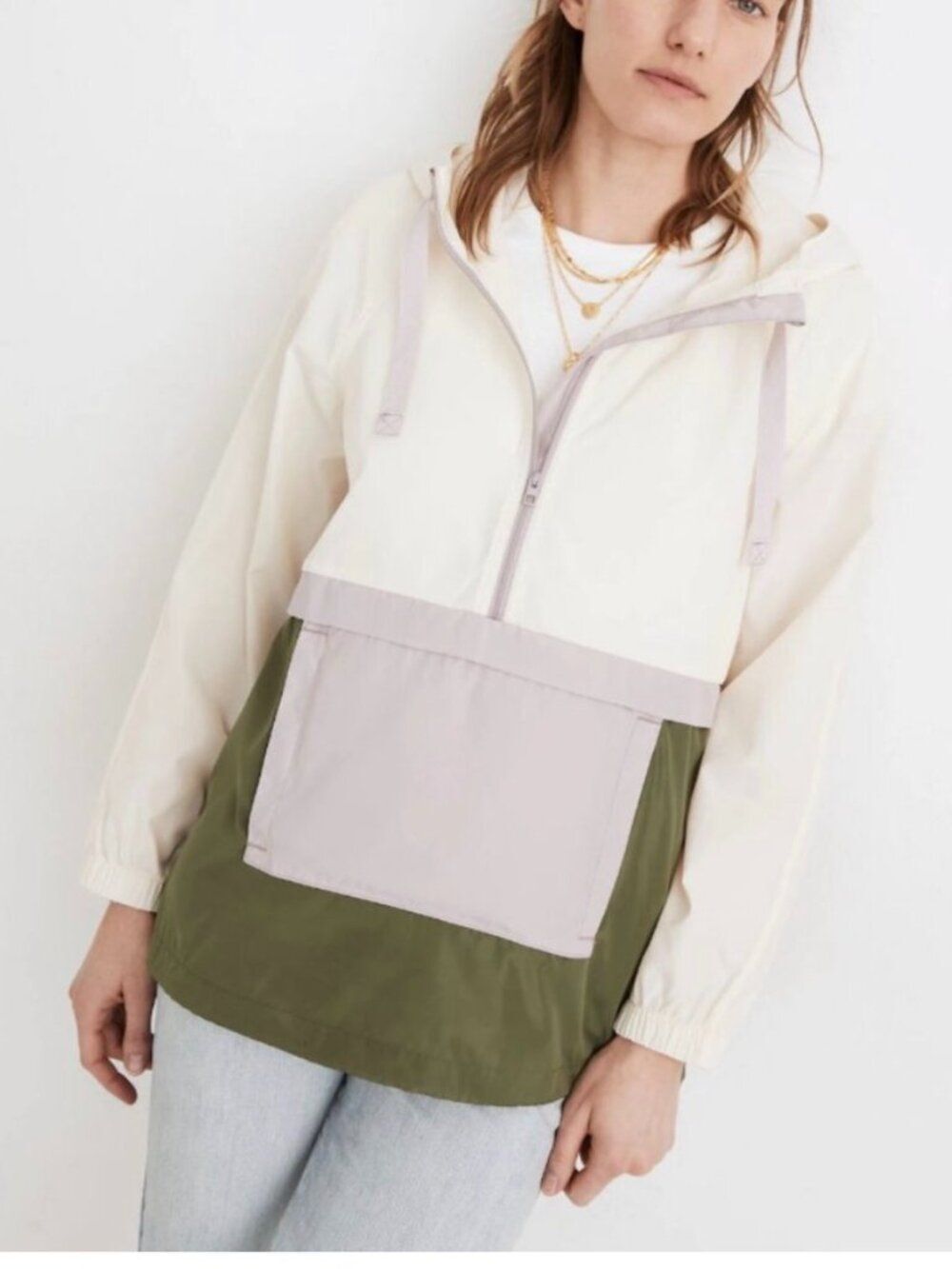 Madewell Packable Colorblock Windbreaker Rain Jacket Hooded XS Cream Green